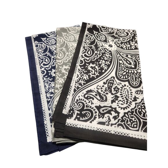 Cotton Bandanas Paisley Print Handkerchiefs 3-Pack Black/Gray/Navy 22" sq Unisex - Picture 15 of 15